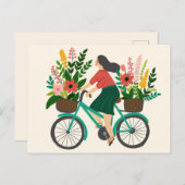 花を添えた自転車に乗るかわいい女の子 オーダーメイド ポストカード (正面/裏面)