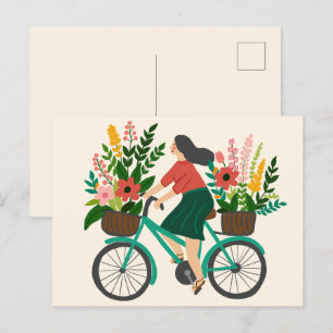 花を添えた自転車に乗るかわいい女の子 オーダーメイド ポストカード