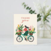 花を添えた自転車に乗るかわいい女の子 THANK YOU ポストカード (スタンド正面)