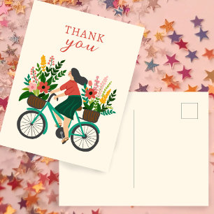 花を添えた自転車に乗るかわいい女の子 THANK YOU ポストカード