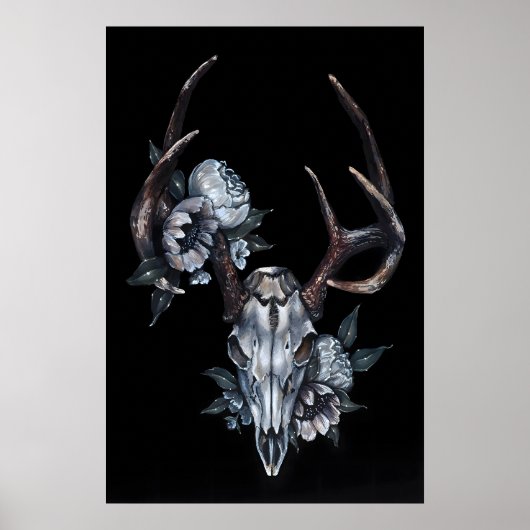 花を添えた鹿の頭蓋骨 - アルビノ・ジャックラビット1によるオリジナル手描き絵画からの高品質プリント ポスター (正面)