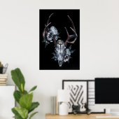 花を添えた鹿の頭蓋骨 - アルビノ・ジャックラビット1によるオリジナル手描き絵画からの高品質プリント ポスター (ホームオフィス)