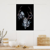 花を添えた鹿の頭蓋骨 - アルビノ・ジャックラビット1によるオリジナル手描き絵画からの高品質プリント ポスター (キッチン)