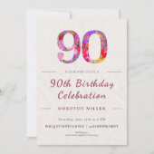 花を添えた90歳の誕生日 - エレガントなお祝い 招待状 (正面)