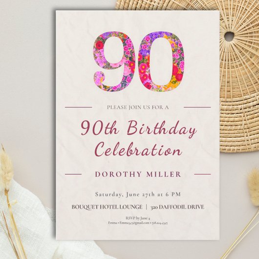 花を添えた90歳の誕生日 - エレガントなお祝い 招待状
