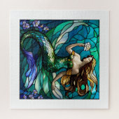 花を眺めるステンドグラスの人魚 ジグソーパズル (横)