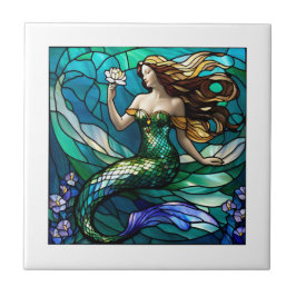 花を眺めるステンドグラスの人魚 タイル