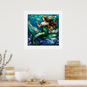 花を眺めるステンドグラスの人魚 ポスター (キッチン)