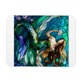 花を眺めるステンドグラスの人魚 マグネット (横)