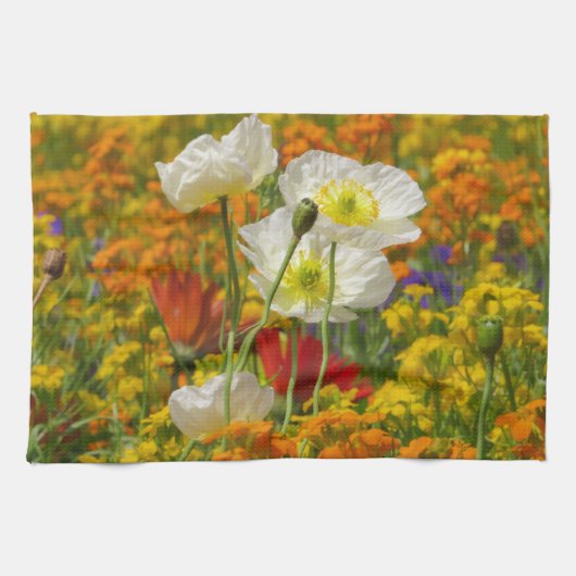 花を育てる白のまわりにいケシ キッチンタオル (横)