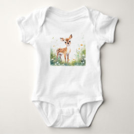 花を背景にした甘いベビー鹿 ベビーボディスーツ