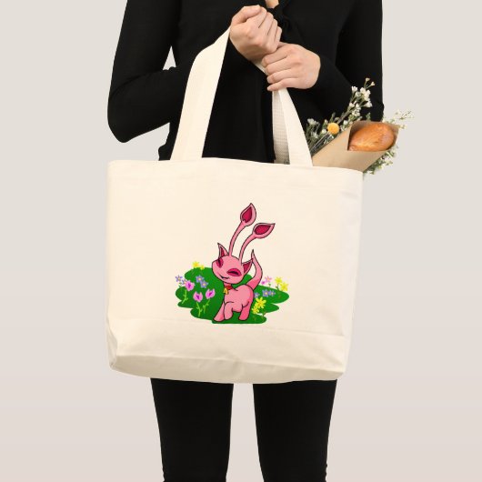 花を通した意気揚々と歩くピンクのAisha ラージトートバッグ (正面(商品))