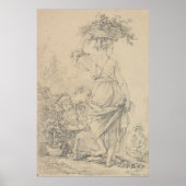 花を集める女性のヴィンテージスケッチ ポスター (正面)