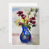 花を青い花瓶の水彩プリント サンキューカード (正面/裏面)