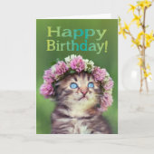 花を頭に乗ったかわいい子猫誕生日 カード (黄色い花)