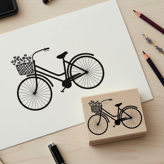 花を飾ったかわいい自転車の木製スタンプ ラバースタンプ
