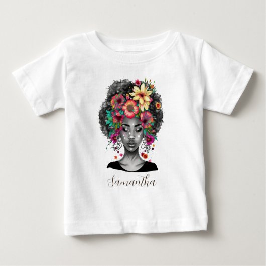 花を飾ったエレガントなアフロの女性 ベビーTシャツ (正面)