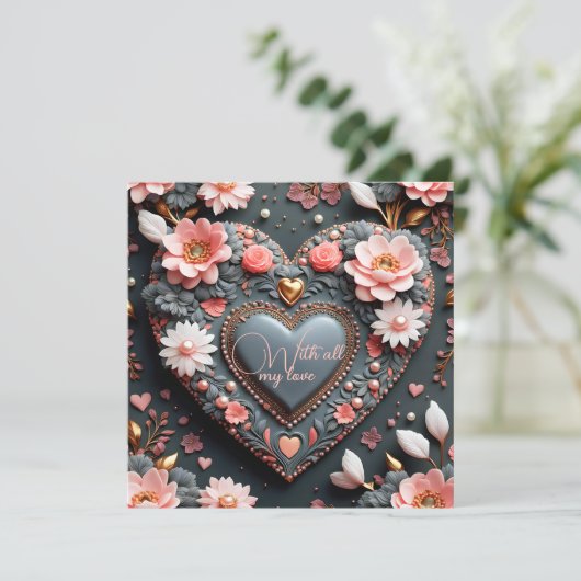 花を飾ったエレガントなハート ゴールドの装飾とパール カード (スタンド正面)