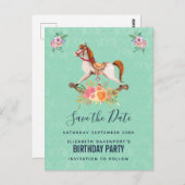 花を飾ったビンテージの揺れる馬 Save the Date ポストカード (正面/裏面)