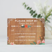 花を飾った多肉植物のラスティックウェディングの返信 出欠カード (スタンド正面)