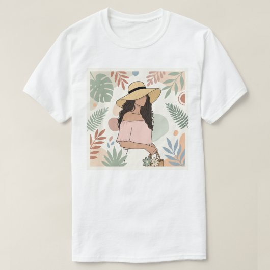 花を飾った麦わら帽子の女性 Tシャツ (デザイン正面)