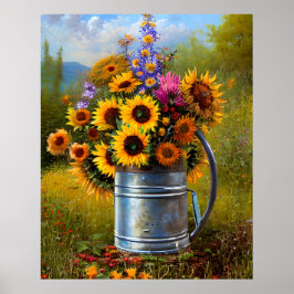 花イエローピンクのティール（緑がかった色）散水缶ポスター ポスター