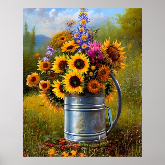 花イエローピンクのティール（緑がかった色）散水缶ポスター ポスター (正面)