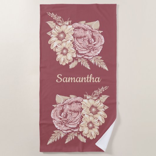 花イラストレーション名前をカスタムするビーチタオル ビーチタオル (正面)