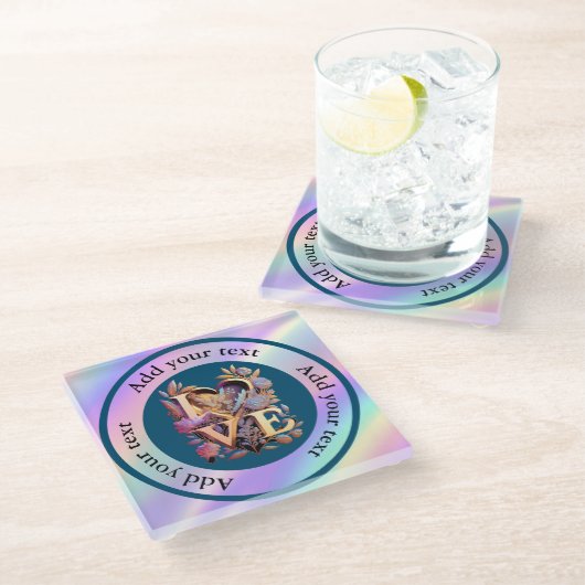 花エレガントとハートと黄金の愛 ガラスコースター (アングル)