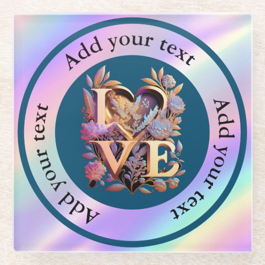 花エレガントとハートと黄金の愛 ガラスコースター (正面)