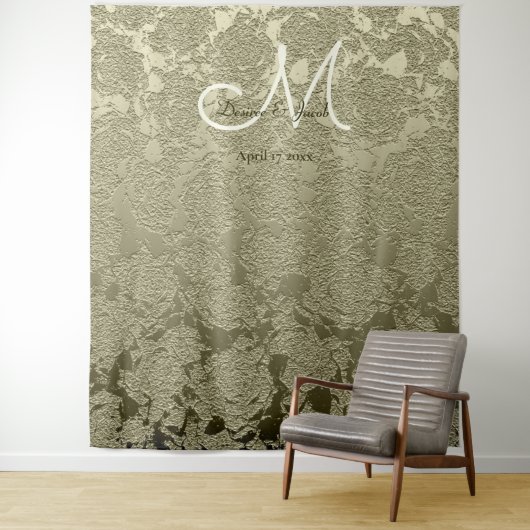 花エレガントなサテングリーンとアイボリーのモノグラム結婚式 タペストリー (インサイチュ)