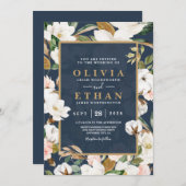 花エレガントなマグノリア・ブラッシュ・ネイビー・ニュートラル 招待状 (正面/裏面)