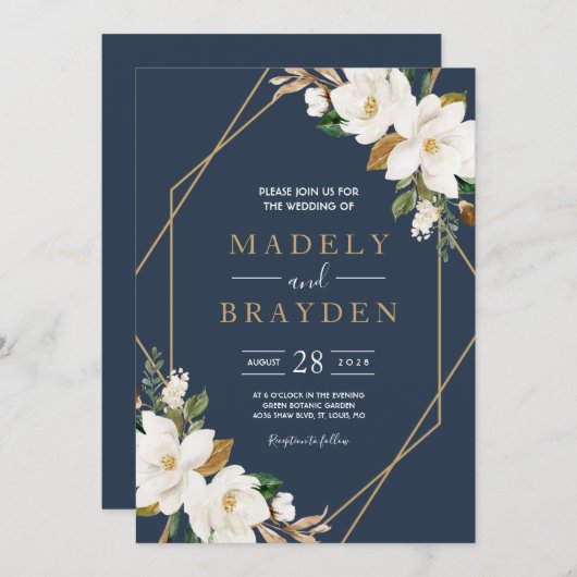 花エレガントなマグノリア・ブラッシュ・ネイビー・ニュートラル 招待状 (正面/裏面)