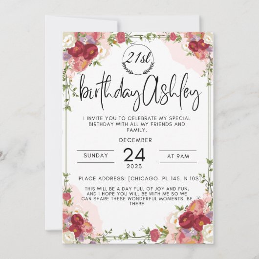 花エレガントによる21回目の誕生日の招待 招待状 (正面)