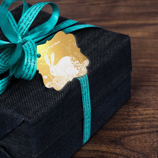 花エレガントに座る白うさぎ金ゴールド フェイバータグ