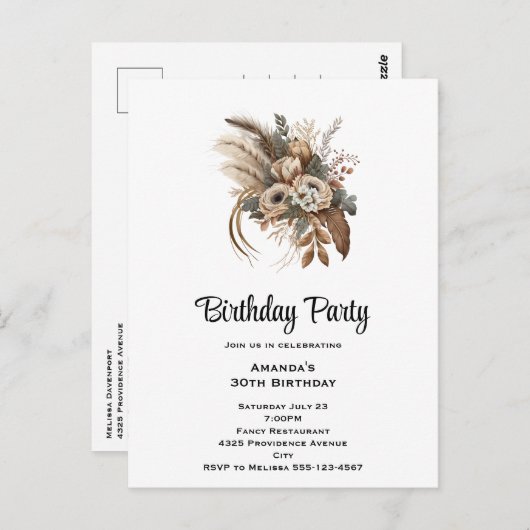 花エレガントの葉と羽の誕生日パーティー ポストカード (正面/裏面)