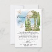 花エレガントや木や鳩が咲くガゼボ サンキューカード (正面)