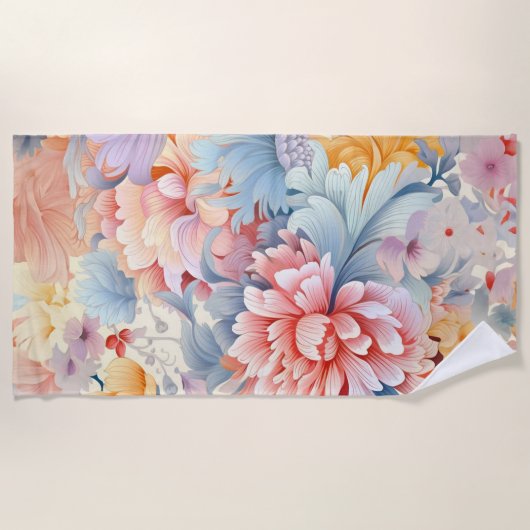 花エレガントカラフル柄ジャパン・アート ビーチタオル (正面)