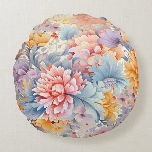花エレガントカラフル柄ジャパン・アート ラウンドクッション (正面)