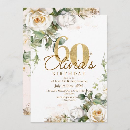 花エレガントバラ金ゴールド60誕生日 招待状 (正面/裏面)