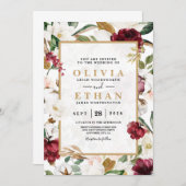 花エレガントバーガンディマグノリアグリーンリース 招待状 (正面/裏面)