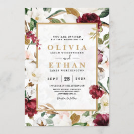 花エレガントバーガンディマグノリアグリーンリース 招待状