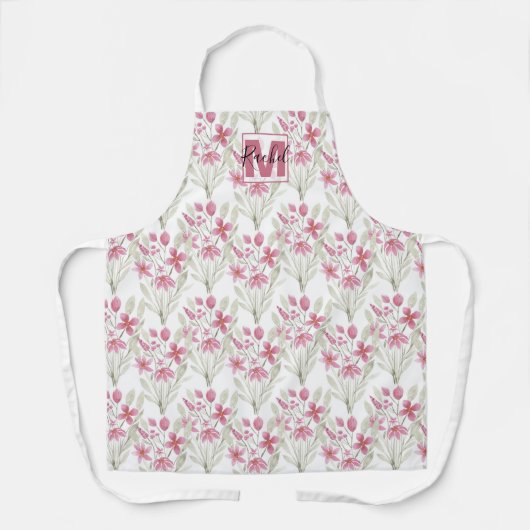 花エレガントピンクセージ緑の水色フローラ エプロン (正面)