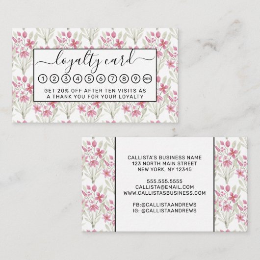 花エレガントピンクセージ緑の水色フローラ ロイヤリティカード (正面/裏面)