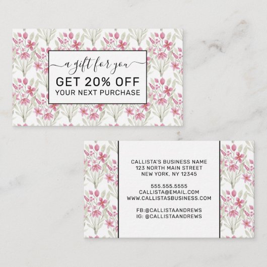 花エレガントピンクセージ緑の水色フローラ 割引カード (正面/裏面)