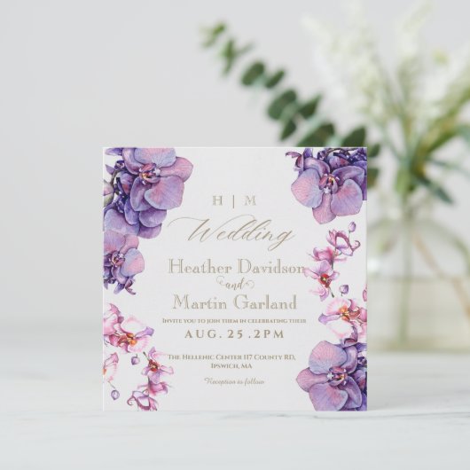 花エレガントモダン紫オ結婚ラン 招待状 (スタンド正面)