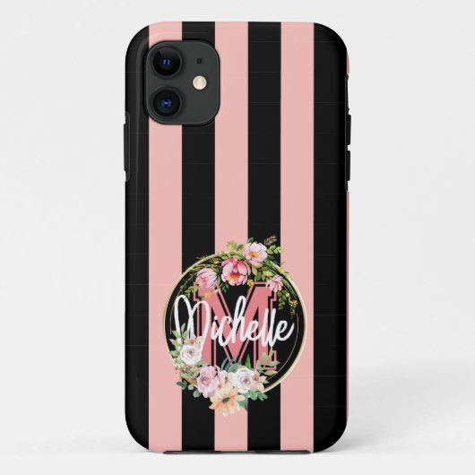 花エレガントモノグラムのと黒ピンクストライプ色 Case-Mate iPhoneケース (裏面)
