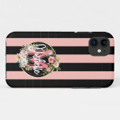 花エレガントモノグラムのと黒ピンクストライプ色 Case-Mate iPhoneケース (裏面(横))