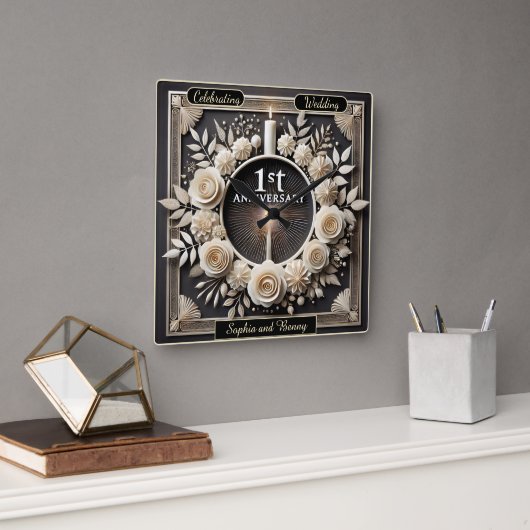 花エレガント付き最初の1周年 スクエア壁時計 (オフィス)