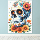 花エレガント付き砂糖スカル キャンバスプリント (インサイチュ (ウッドフロア))